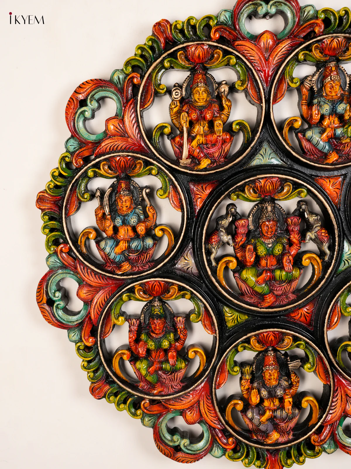 Hand-Painted Wooden Ashtalakshmi Circular Panel - Small-KED13027 - Image 4