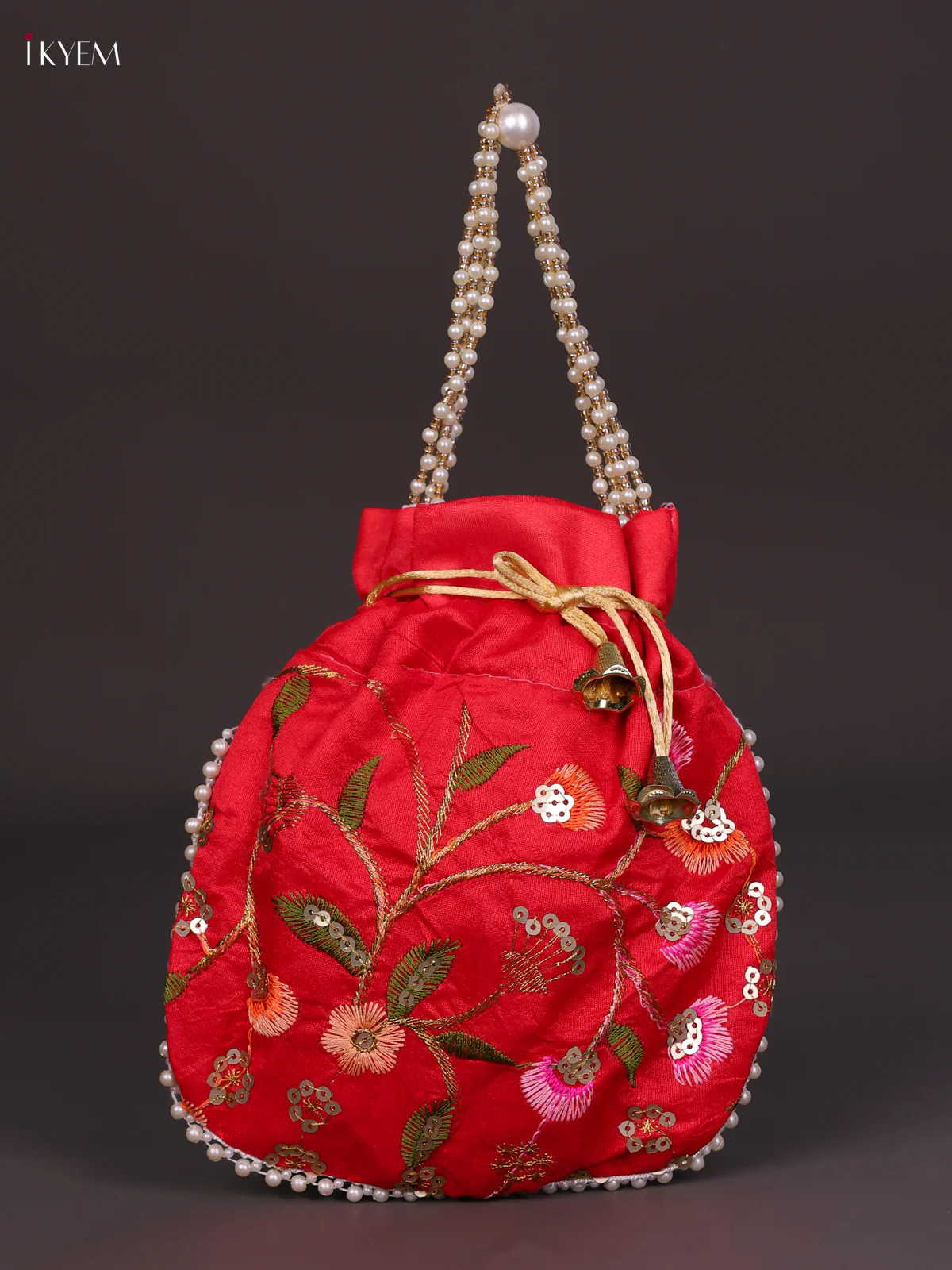 Designer Floral Potli Bag - Red-KED13048