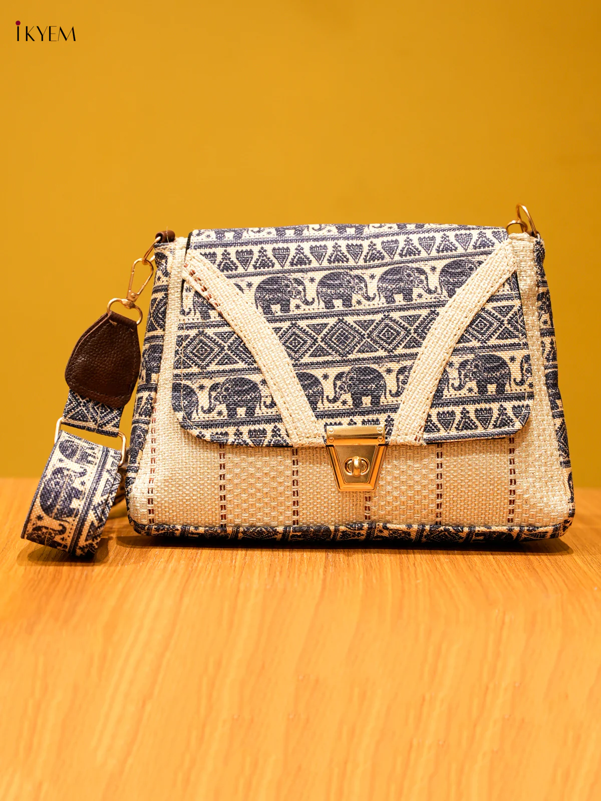 Elephant Printed Sling Bag - Cream & Blue