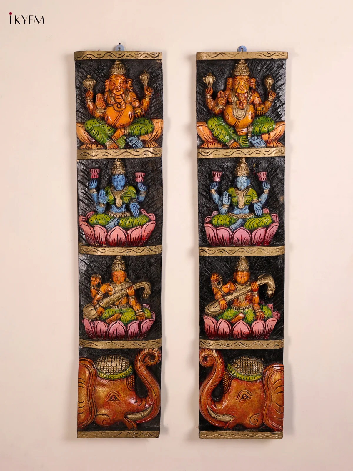 Wooden Handpainted Ganesha Lakshmi Sarawathi Vertical Panel-KED20015