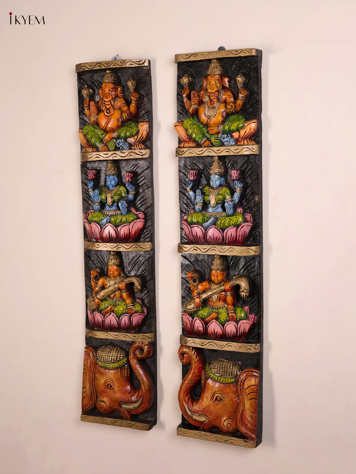 Wooden Handpainted Ganesha Lakshmi Sarawathi Vertical Panel-KED20015 - Image 6
