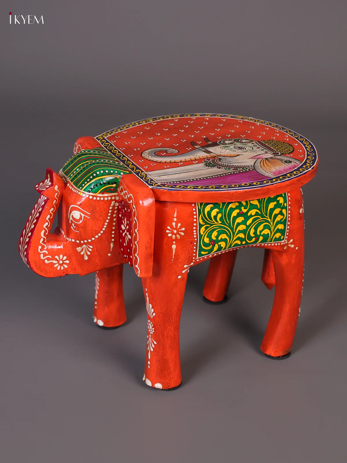 Wooden Handipainted Elephant Stool - 8 inch - Orange-KEE02013