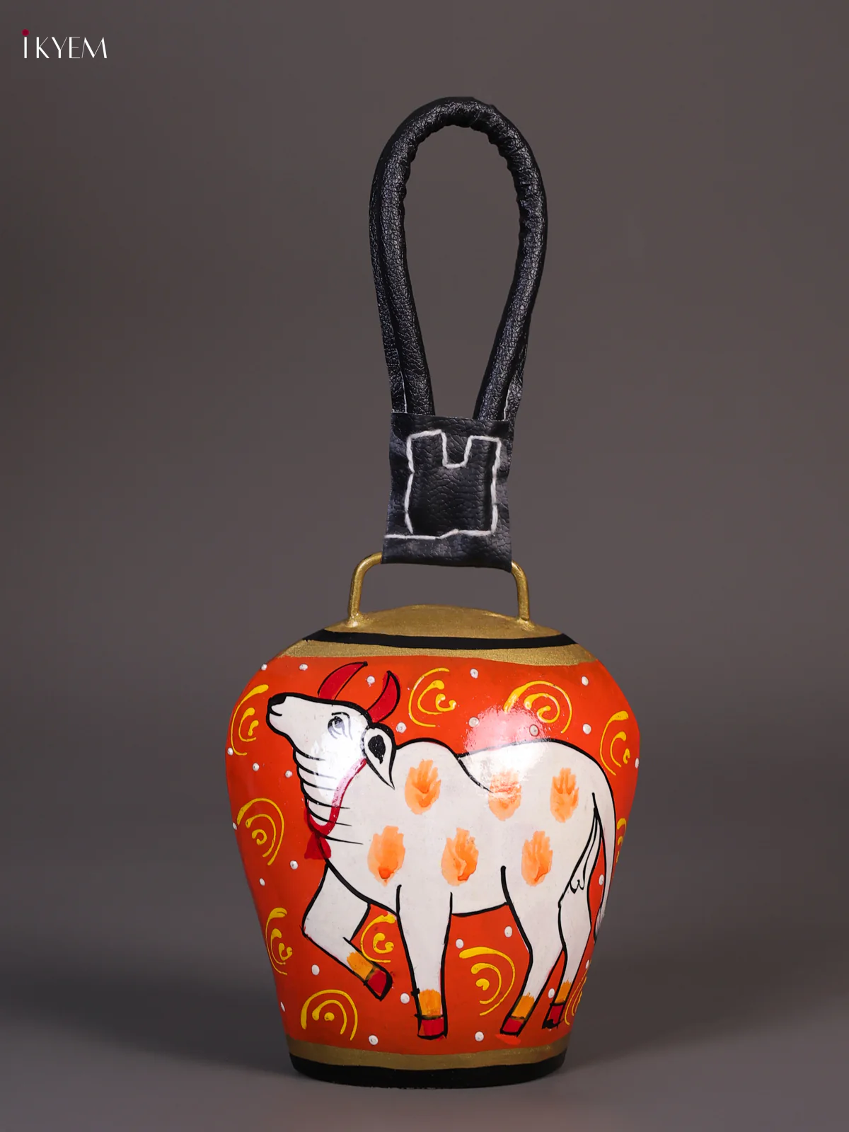 Hand Painted Cow Bell with Leather Handle Big - Cow Orange-KEE02031