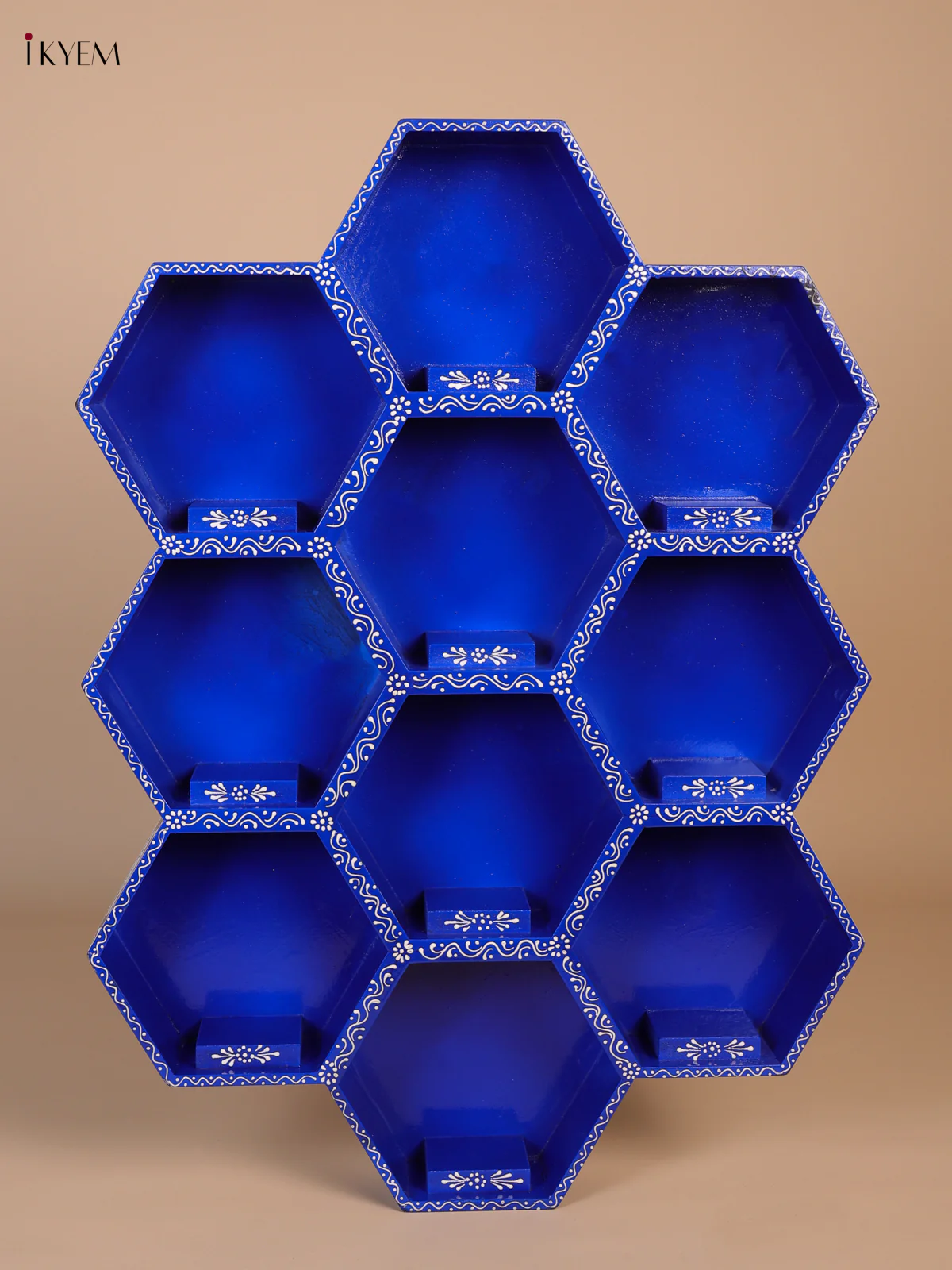 Wooden Handipainted Wall Shelf 10 Octagon boxes - Blue-KEE02034