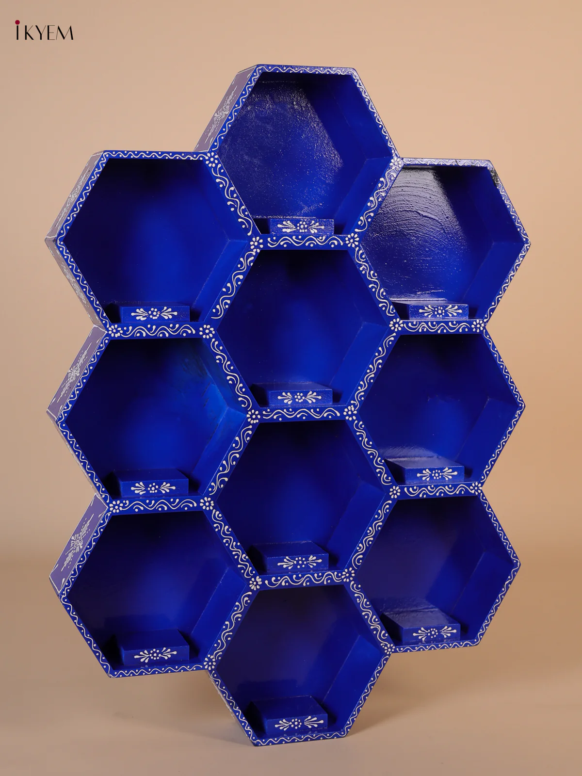 Wooden Handipainted Wall Shelf 10 Octagon boxes - Blue-KEE02034 - Image 3