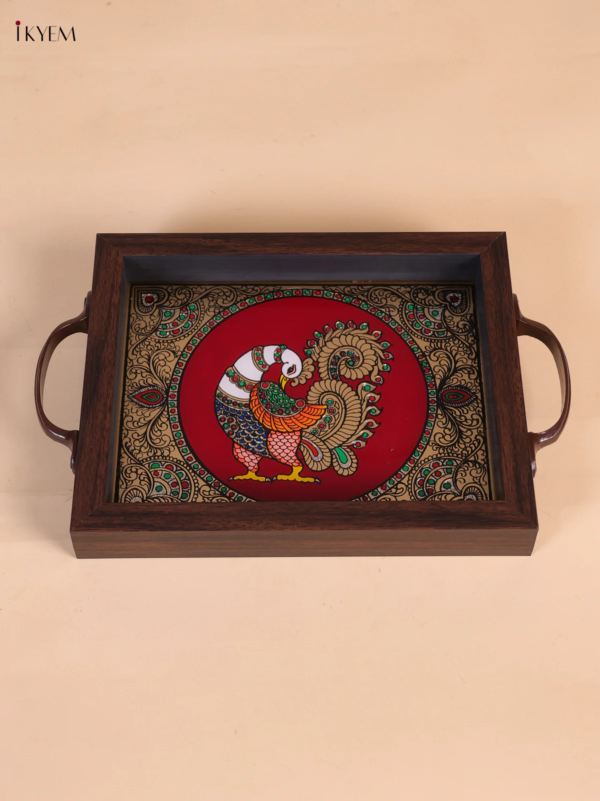Reverse Glass Painted Tray (9x7) - Peacock - Maroon-KEE05001