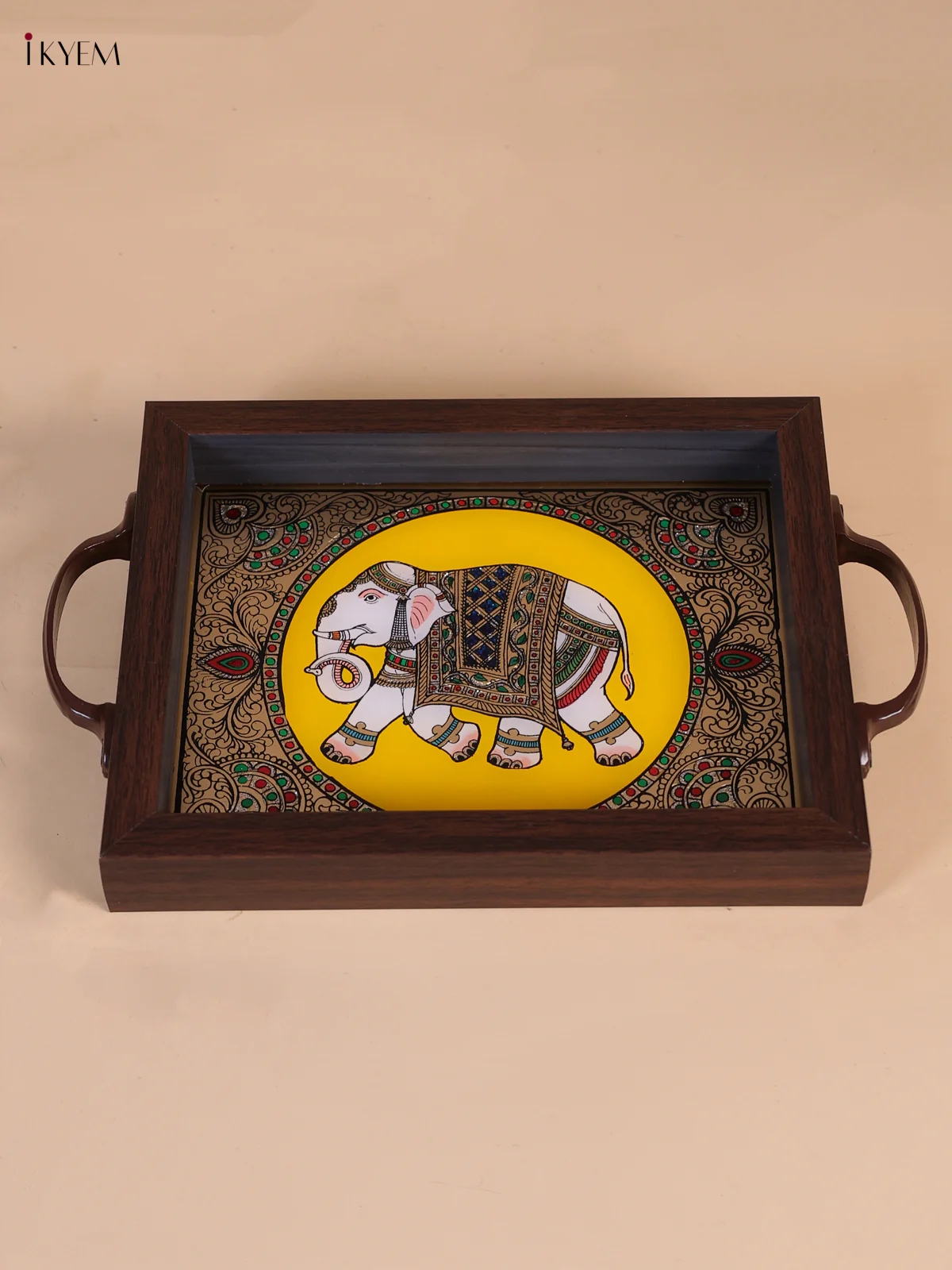 Reverse Glass Painted Tray (9x7) - Elephant - Yellow-KEE05004