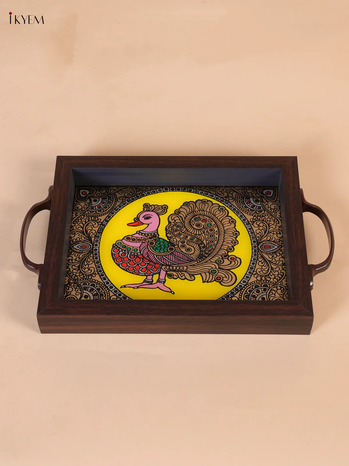 Reverse Glass Painted Tray (9x7) - Annapakshi - Yellow-KEE05011