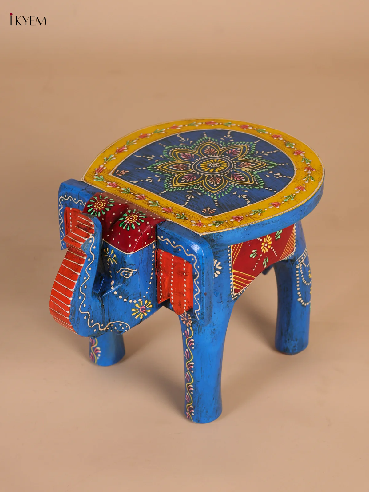 Hand-Painted Wooden Elephant Stool - Blue - 8 Inches-KEE07006