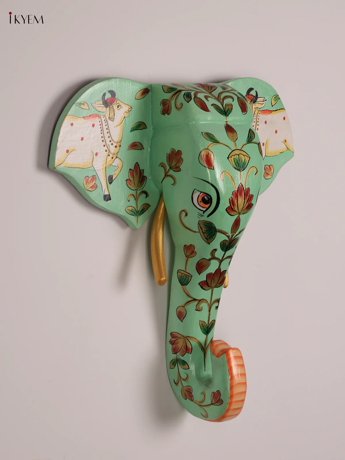 Wooden Handpainted elephant Head (Pichwai)- Green-KEE08001 - Image 2