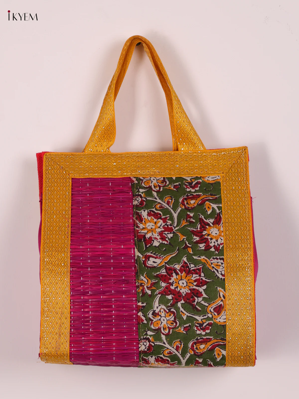 Flower Design Korai Bag With Zari Border - Purple&Green - 9 Inch-KEE12001