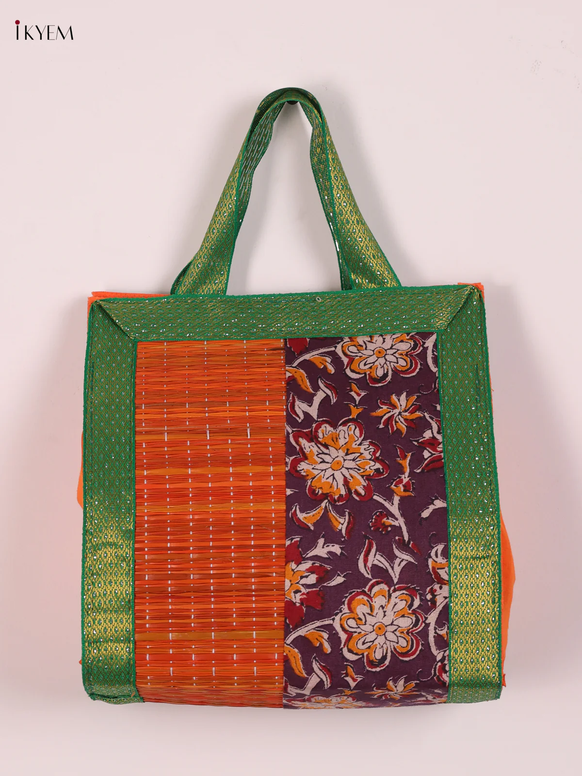 Flower Design Korai Bag With Zari Border - Orange&Purple - 9 Inch-KEE12002