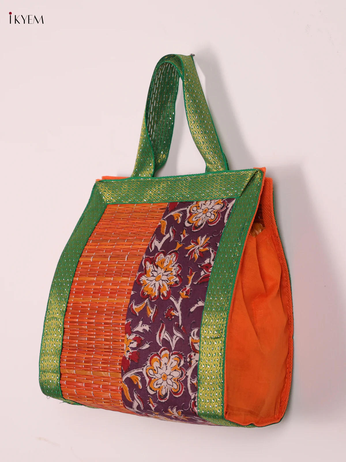 Flower Design Korai Bag With Zari Border - Orange&Purple - 9 Inch-KEE12002 - Image 2