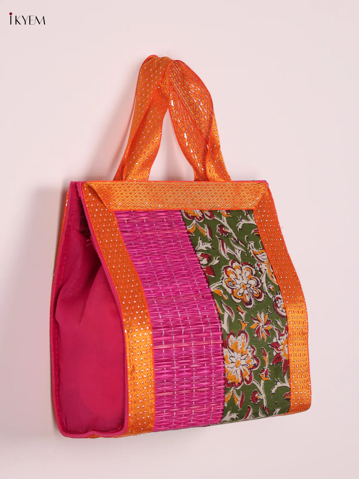 Flower Design Korai Bag With Zari Border - Pink&Green - 9 Inch-KEE12005 - Image 3