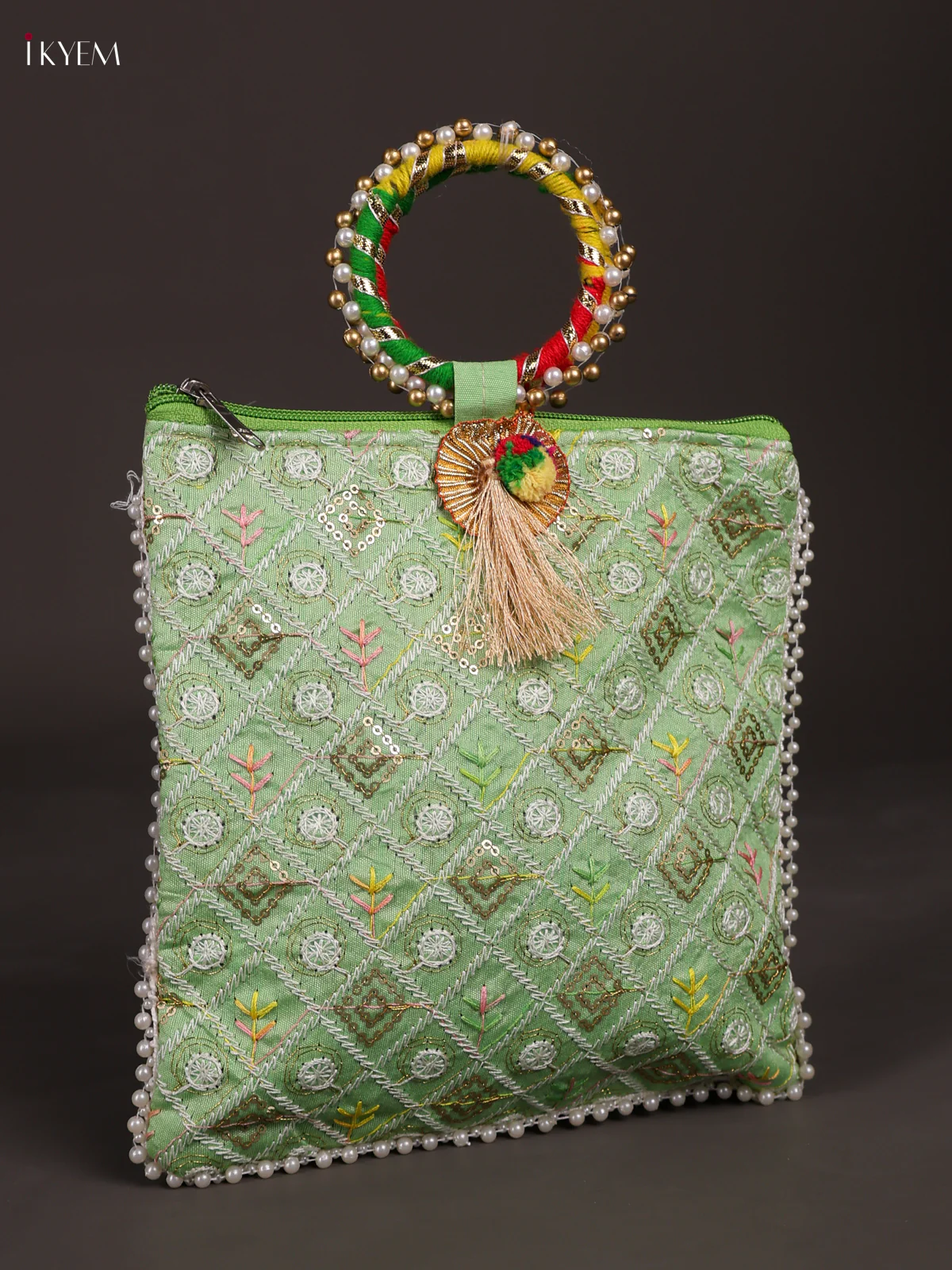 Embroidered Bag with Bangle Handle - GREEN-KEE14004 - Image 2