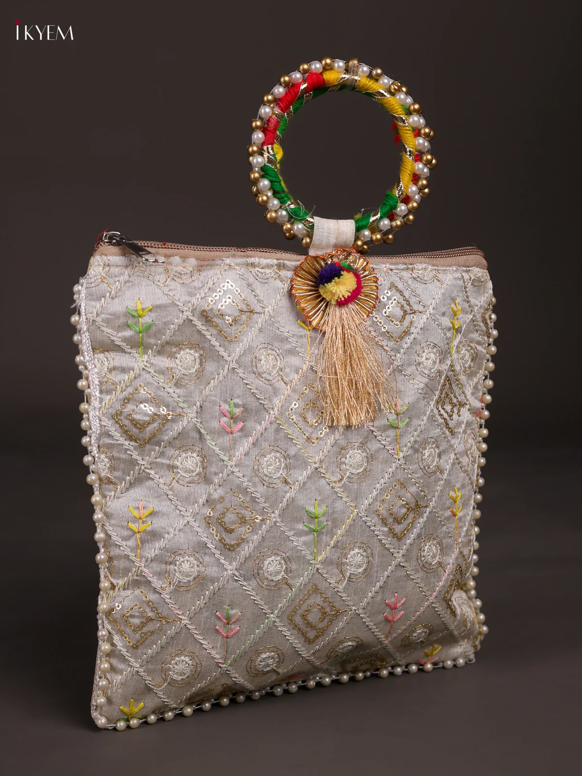 Embroidered Bag with Bangle Handle - WHITE-KEE14005 - Image 2