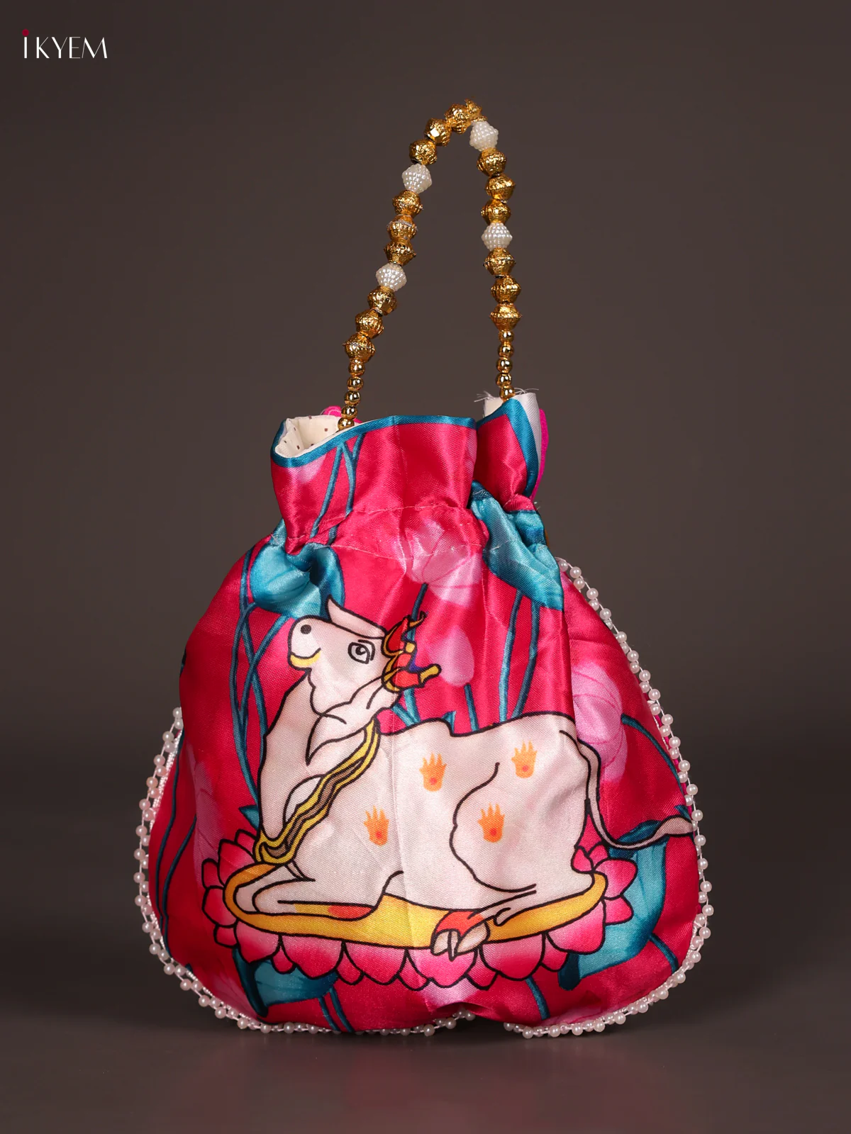 Designer Potli Bags With Beautiful Pichwai Cow Print-Pink-KEE14015