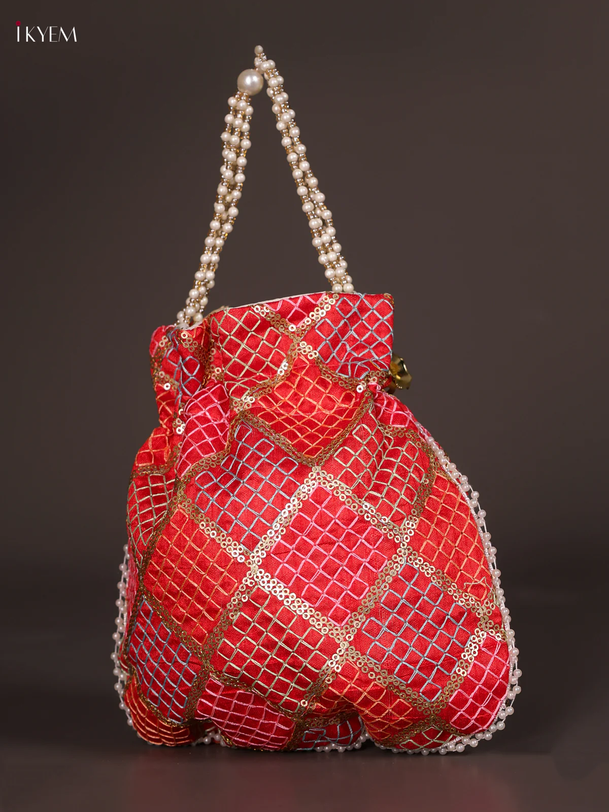 Embroidery Potli Bag with Pearl Handle- Red-KEE14029 - Image 2