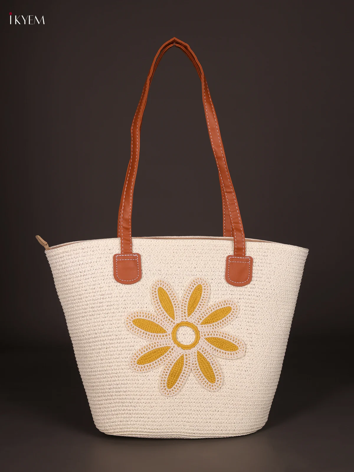 Flower Printed Leather Hand Bag- White-KEE16009