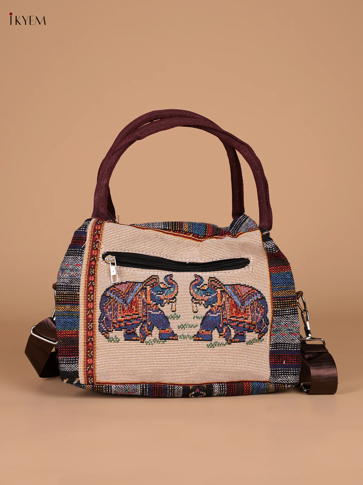 Twin Elephant Printed Hand Bag- Peach-KEE16025 - Image 2
