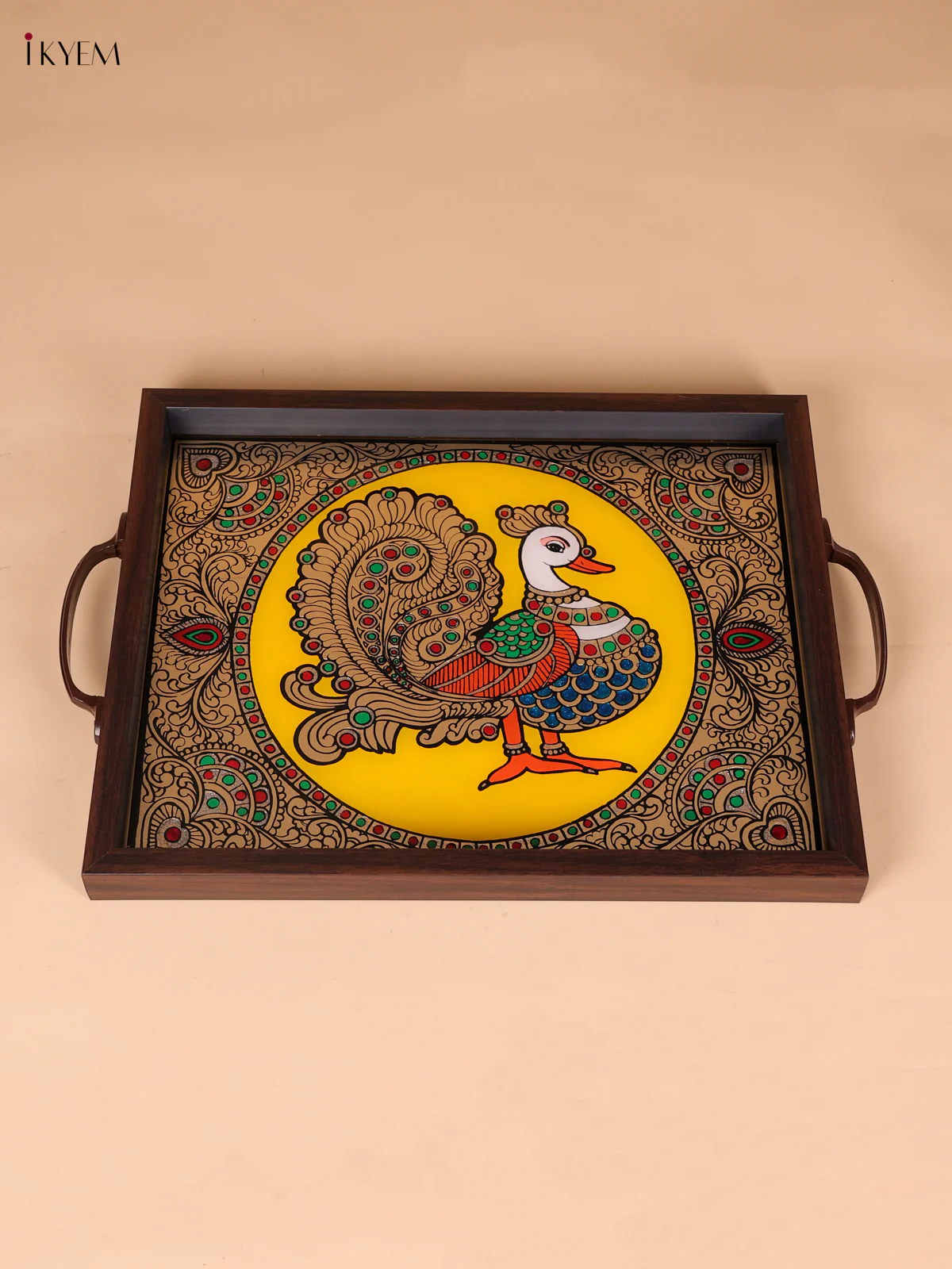 Reverse Glass Painted Tray (16x13) - Annapakshi - Yellow-KEE18006