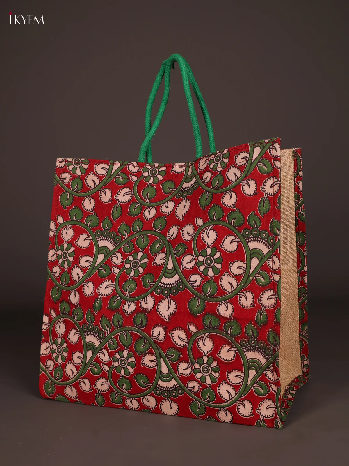 Kalamkari Jute Bag with Rope Handle -Red & Green-KEE20004 - Image 2