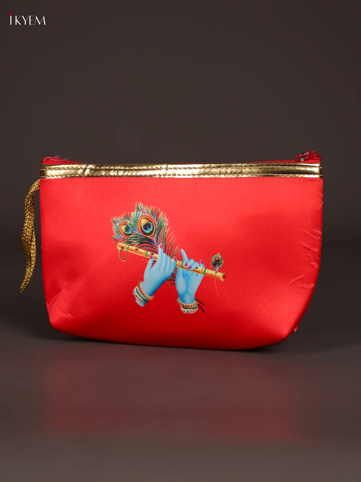 Digital Printed Krishna Flute Purse With Zipper-Red-KEE21021 - Image 3