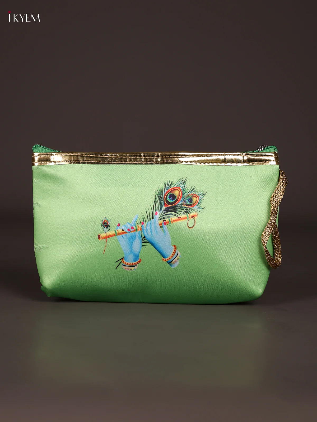 Digital Printed Krishna Flute Purse With Zipper-Green-KEE21025