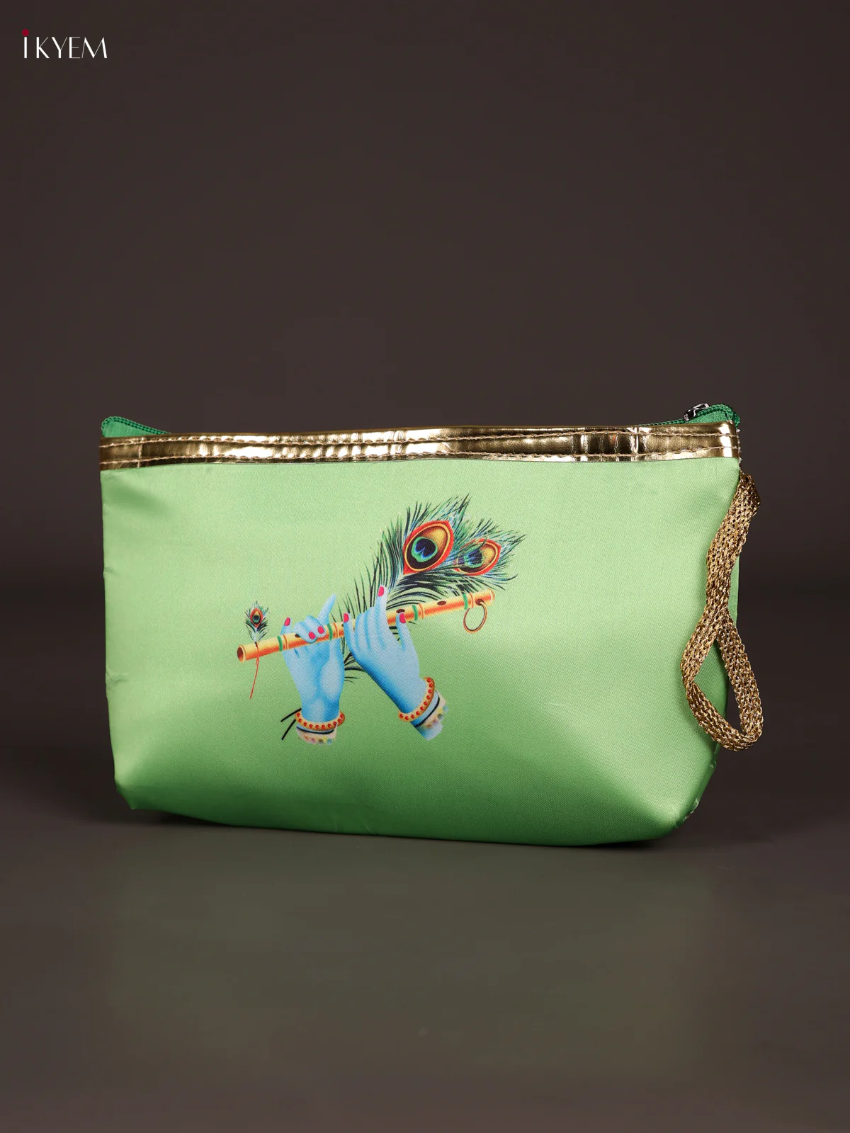 Digital Printed Krishna Flute Purse With Zipper-Green-KEE21025 - Image 2