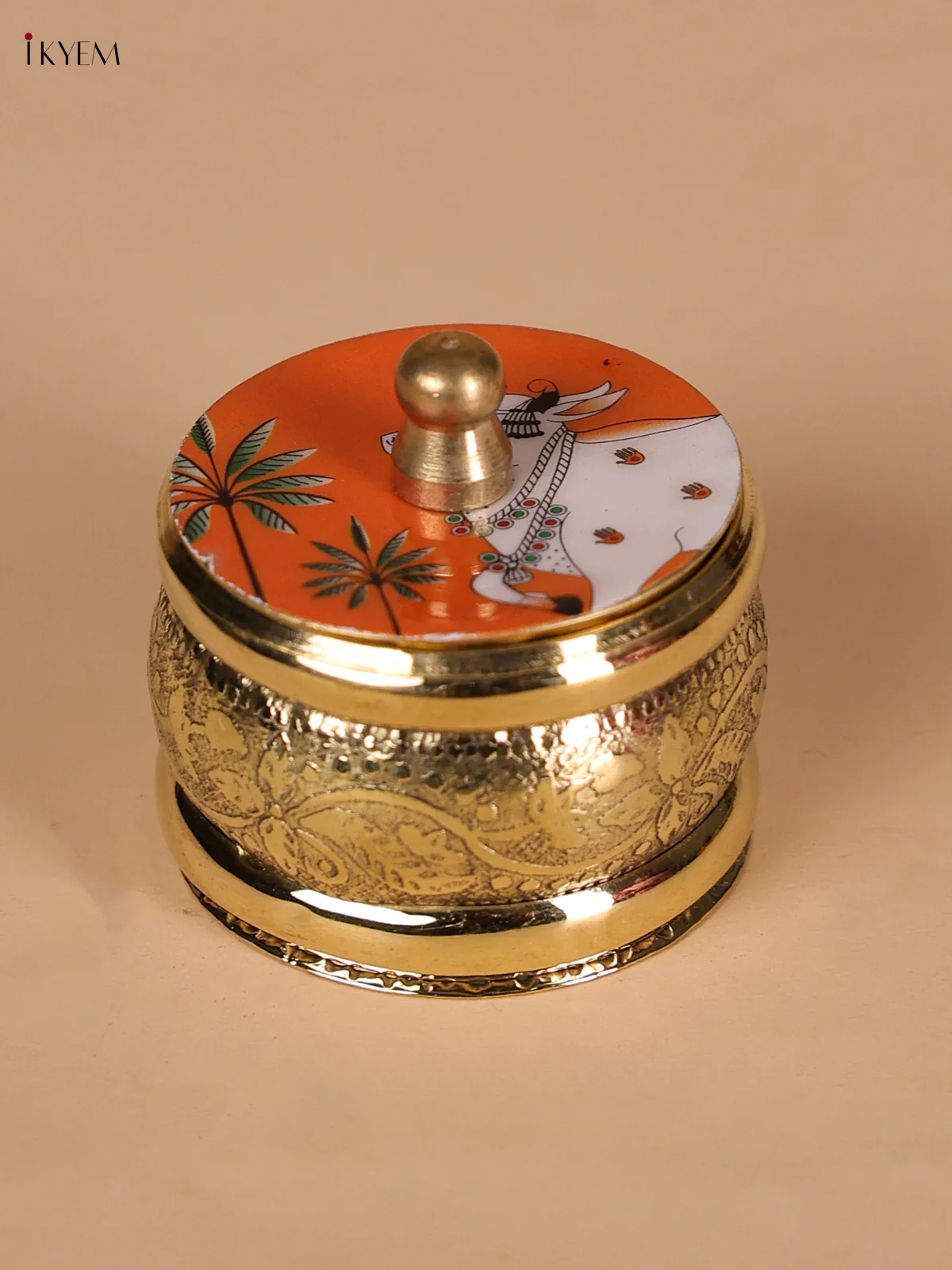 Brass Coated Kumkum Holder With Pichwai Cow Printed- Orange-KEE22001