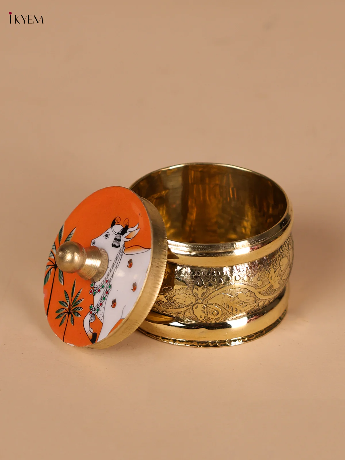 Brass Coated Kumkum Holder With Pichwai Cow Printed- Orange-KEE22001 - Image 2