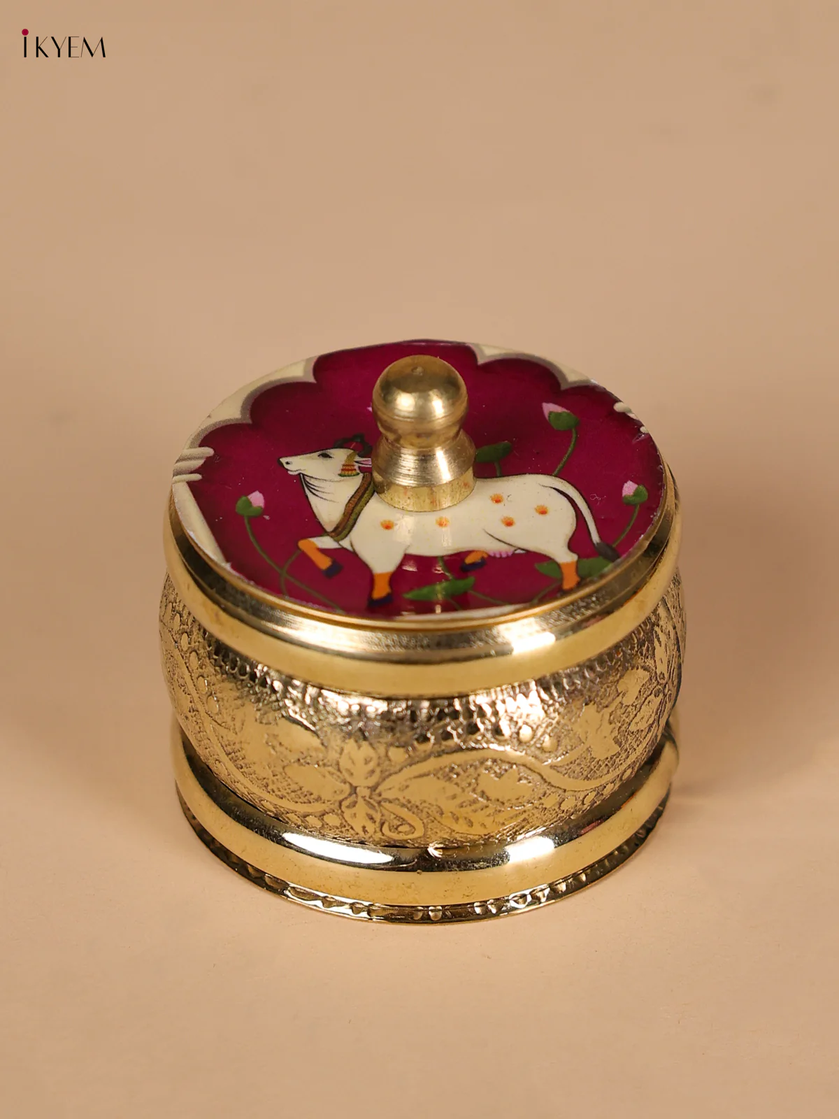 Brass Coated Kumkum Holder With Pichwai Cow Printed - Purple-KEE22002