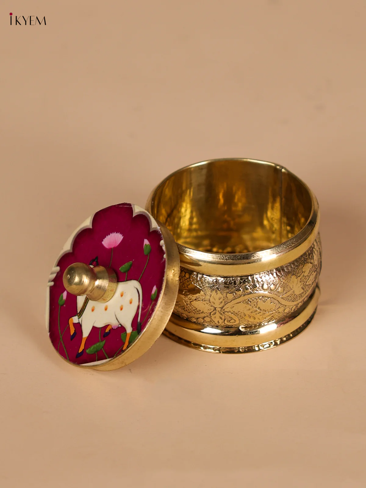 Brass Coated Kumkum Holder With Pichwai Cow Printed - Purple-KEE22002 - Image 2