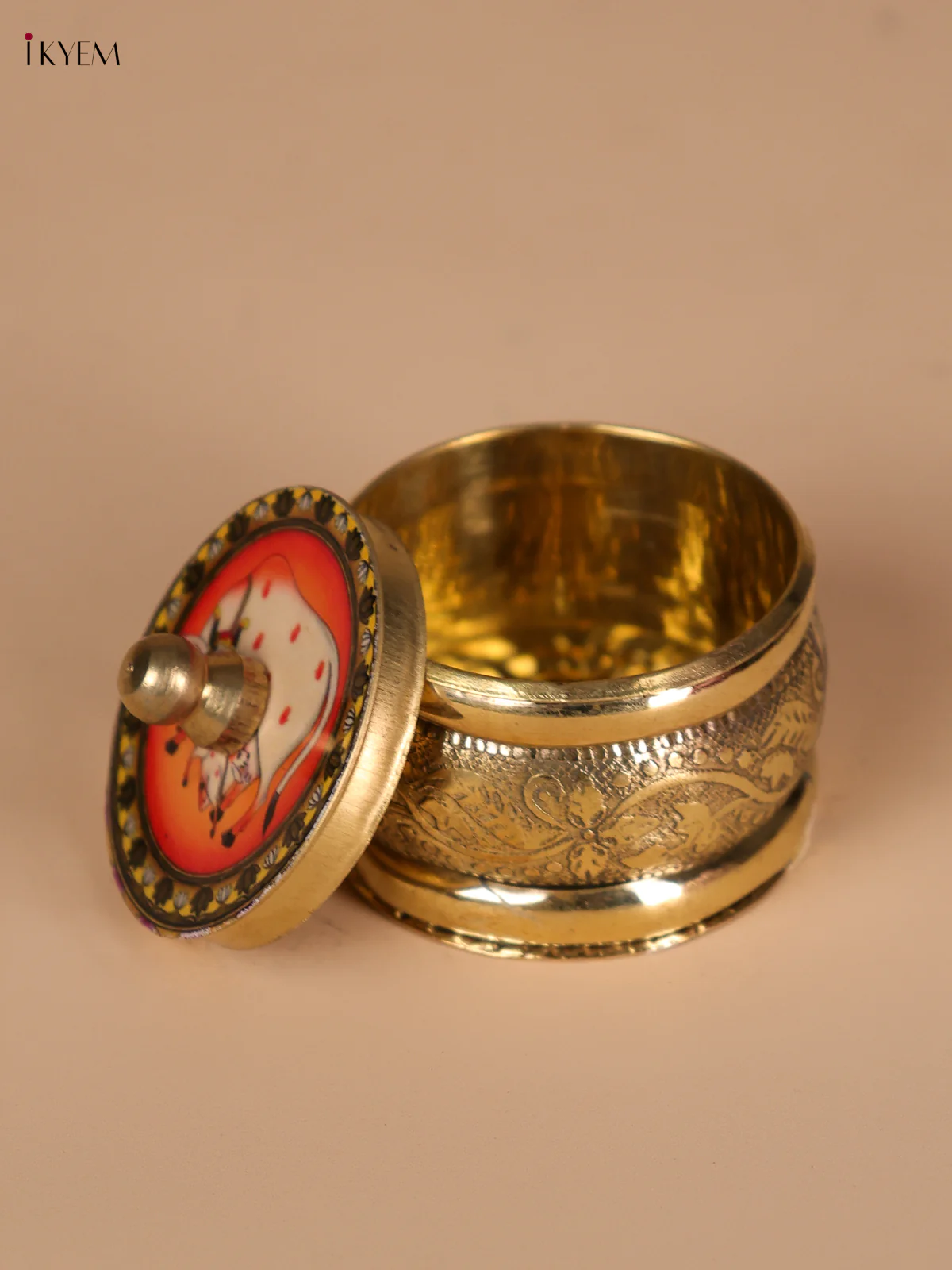 Brass Coated Kumkum Holder With Pichwai Cow&Calf Printed - Orange-KEE22004 - Image 2