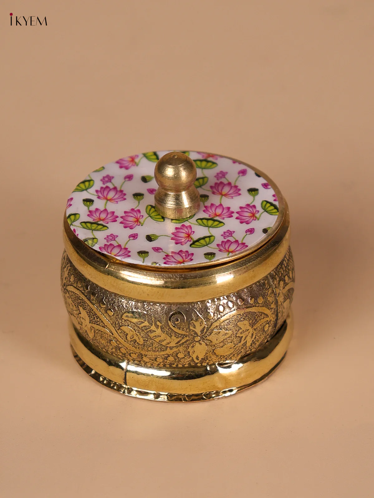 Brass Coated Kumkum Holder With Pichwai Lotus Printed - White-KEE22005