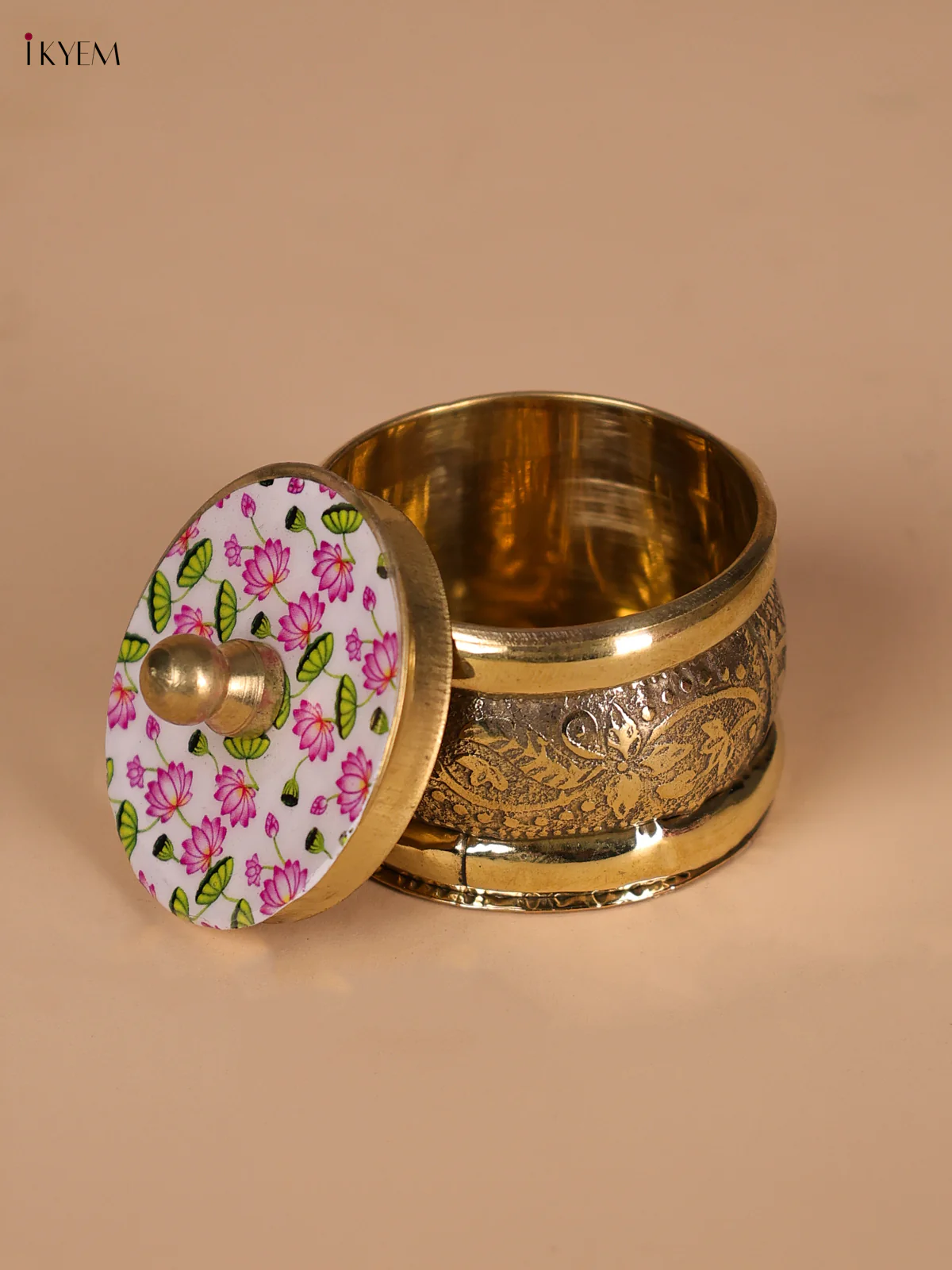 Brass Coated Kumkum Holder With Pichwai Lotus Printed - White-KEE22005 - Image 2