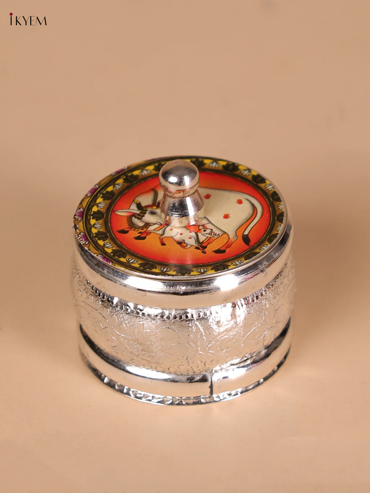 German Silver Kumkum Holder With Cow&Calf Printed - Orange-KEE22010
