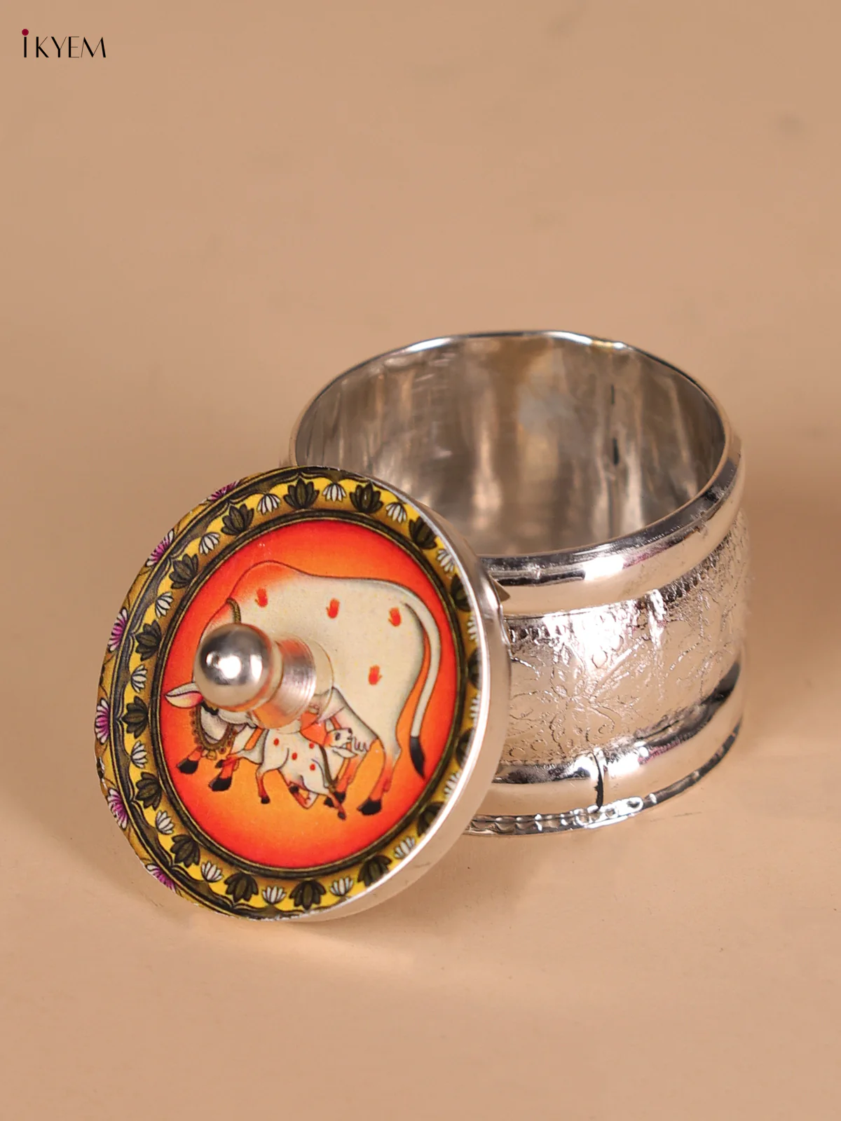German Silver Kumkum Holder With Cow&Calf Printed - Orange-KEE22010 - Image 2