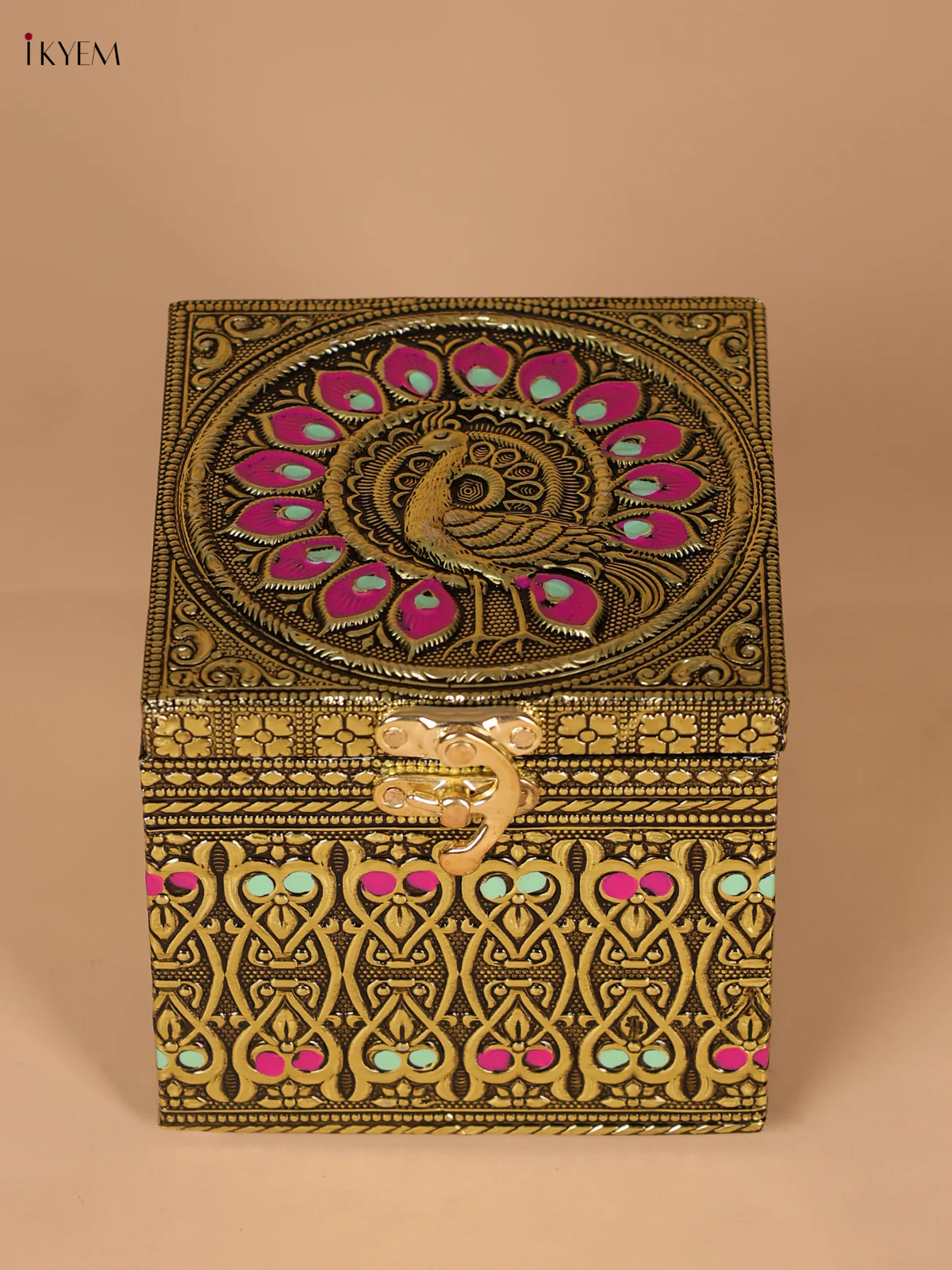 Meenakari Wooden Dry Fruit Box with 1 Glass Jars - Peacock design-KEE25001