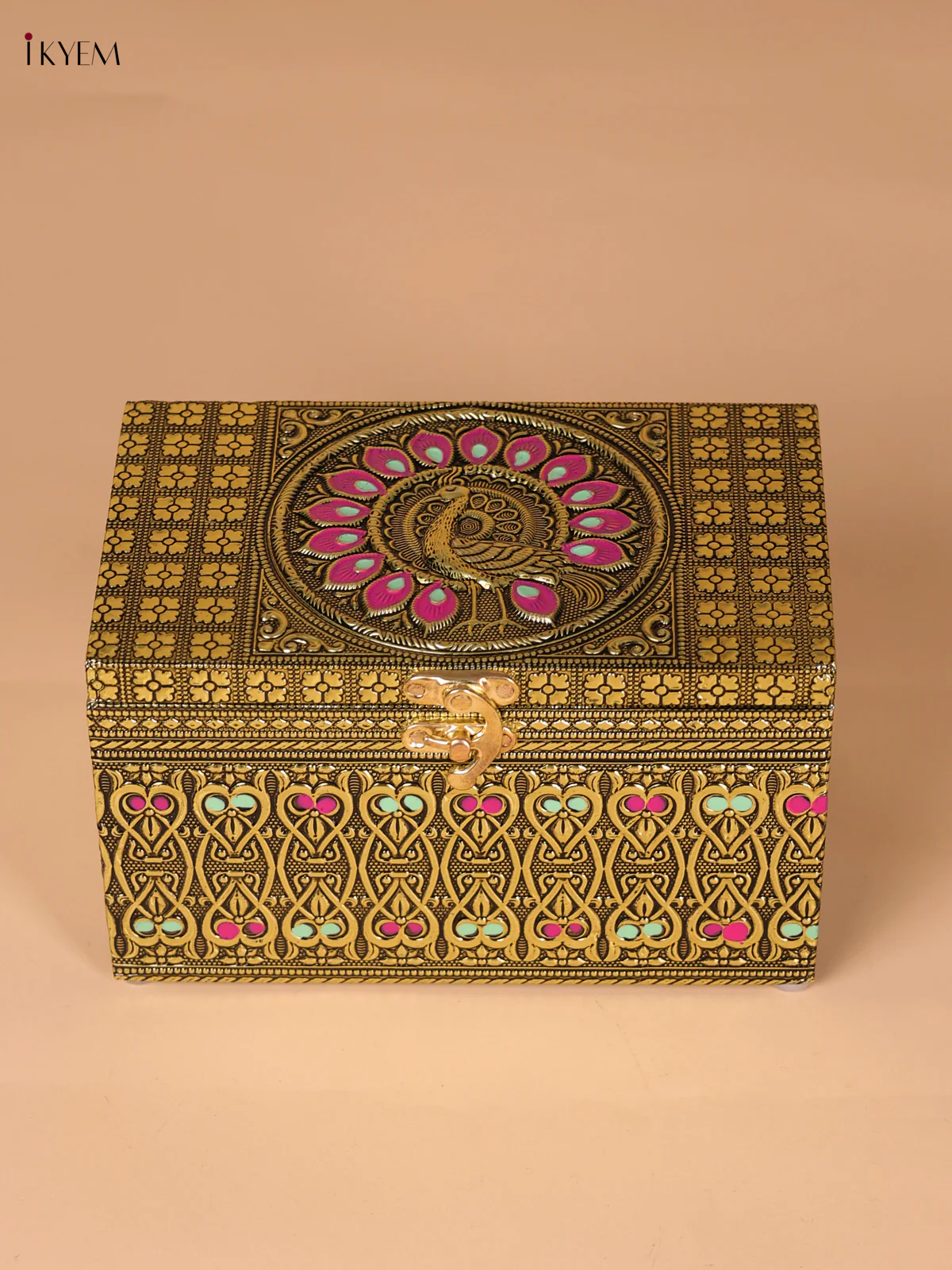 Meenakari Wooden Dry Fruit Box with 2 Glass Jars - Peacock design-KEE25002
