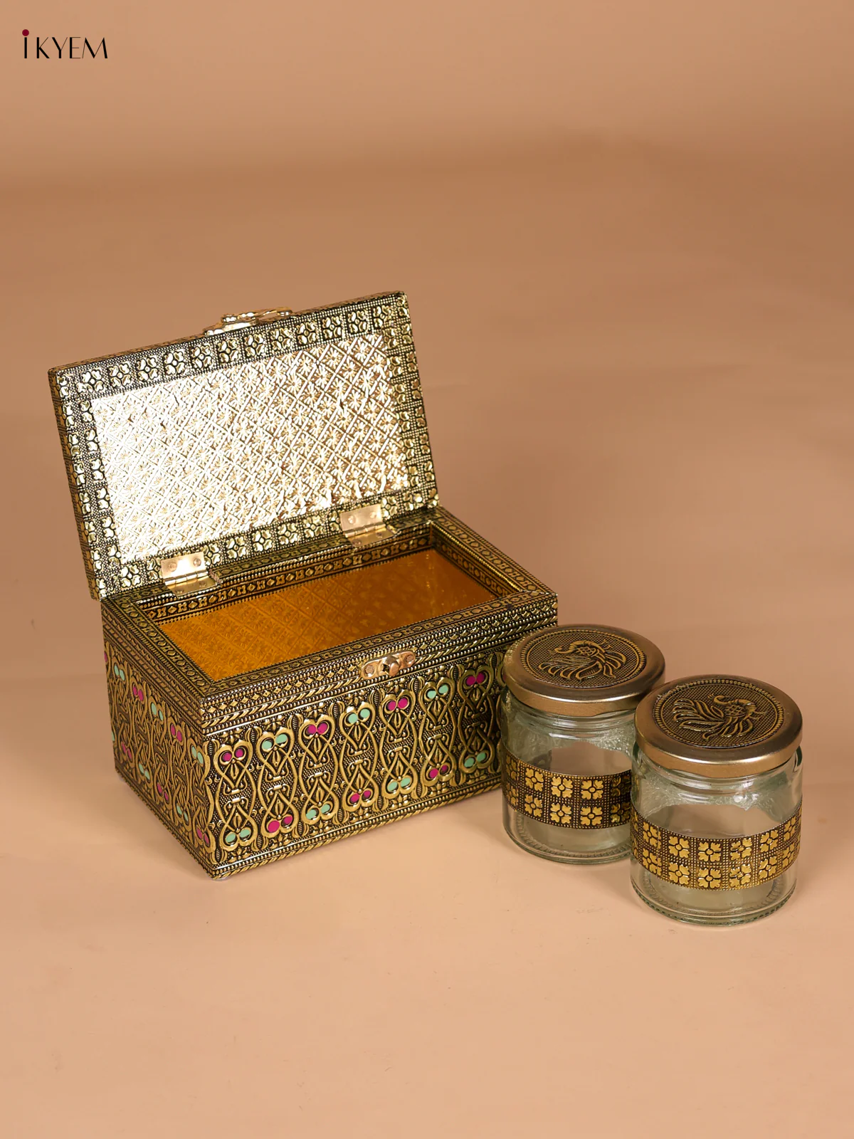 Meenakari Wooden Dry Fruit Box with 2 Glass Jars - Peacock design-KEE25002 - Image 2