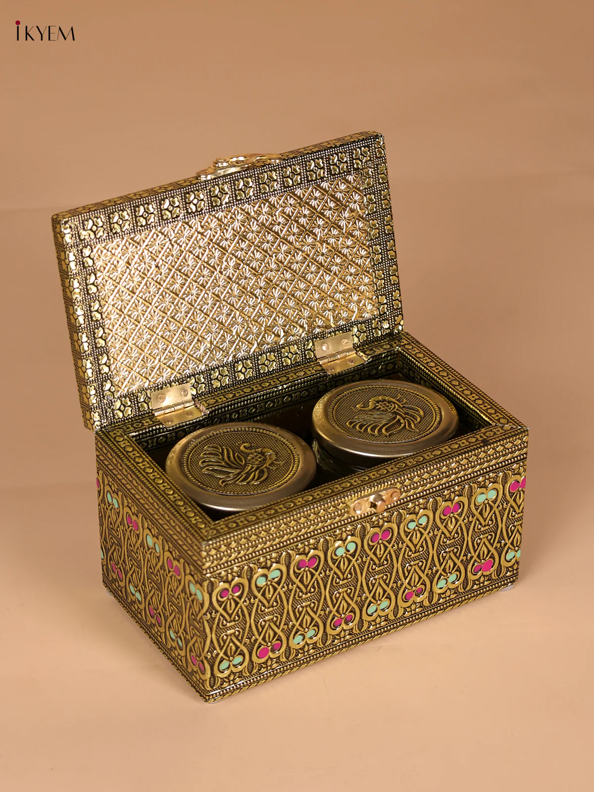 Meenakari Wooden Dry Fruit Box with 2 Glass Jars - Peacock design-KEE25002 - Image 4