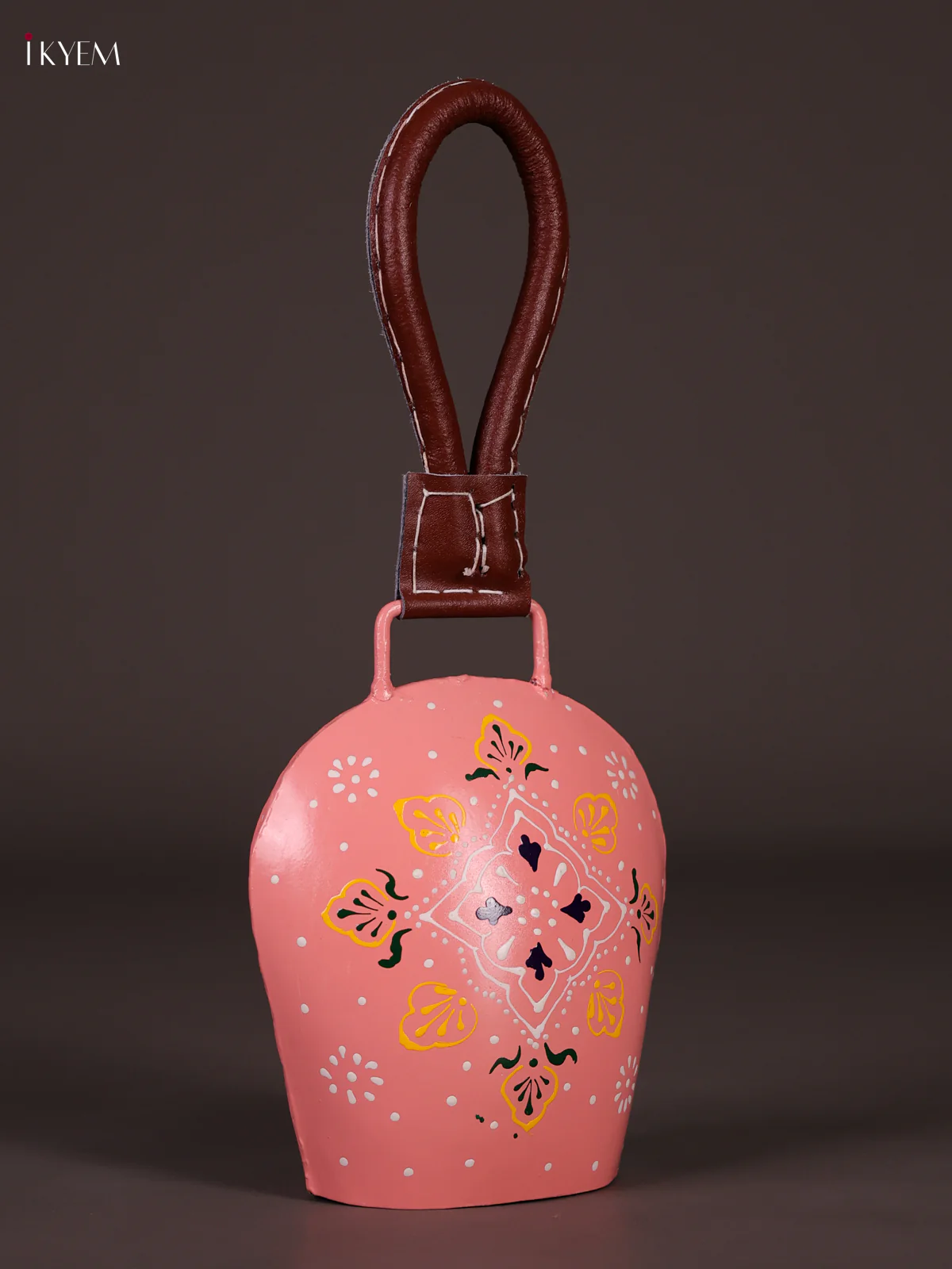 Hand Painted Cow Bell with Leather Handle Big-Pink-KEF01021 - Image 2