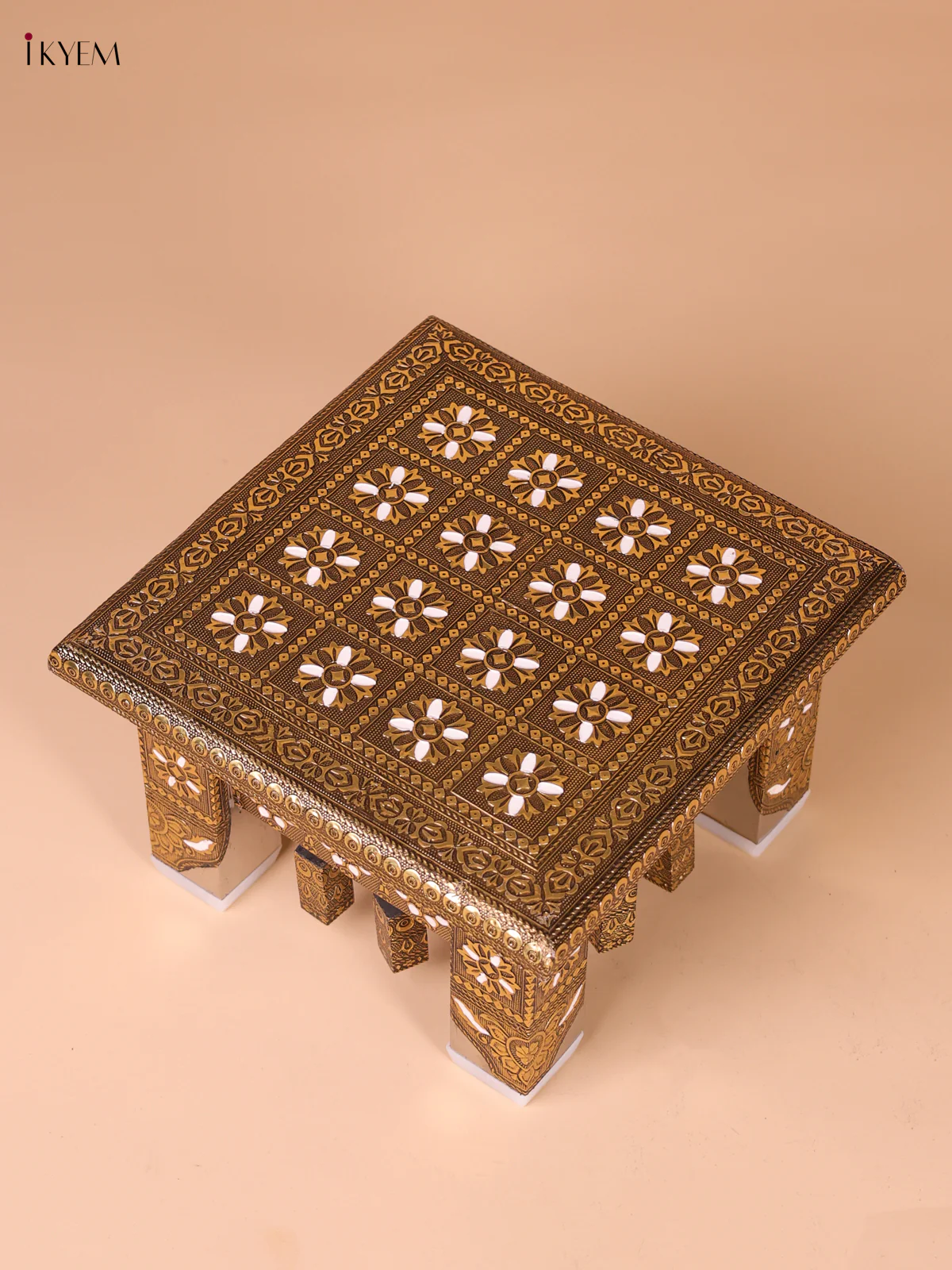 Hand Crafted Gold Oxidized With SS Leg Wooden Manai (10x10)-KEF03001 - Image 2