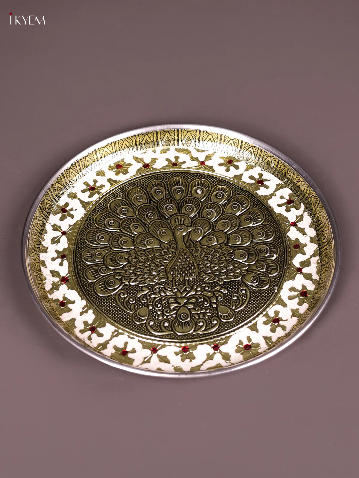 White Meenakari Plate with Peacock Design 8 Inches-KEF03026