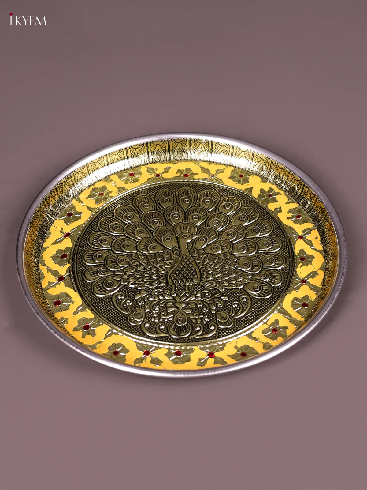Yellow Meenakari Plate with Oxidized Peacock Design 8 Inches-KEF03027