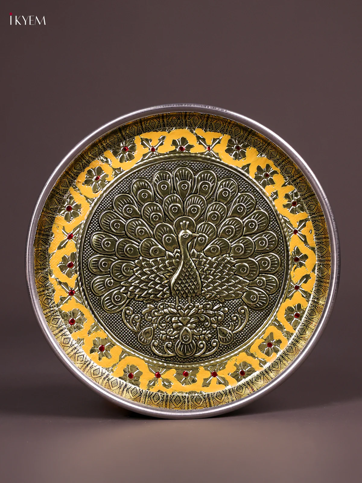 Yellow Meenakari Plate with Oxidized Peacock Design 8 Inches-KEF03027 - Image 2