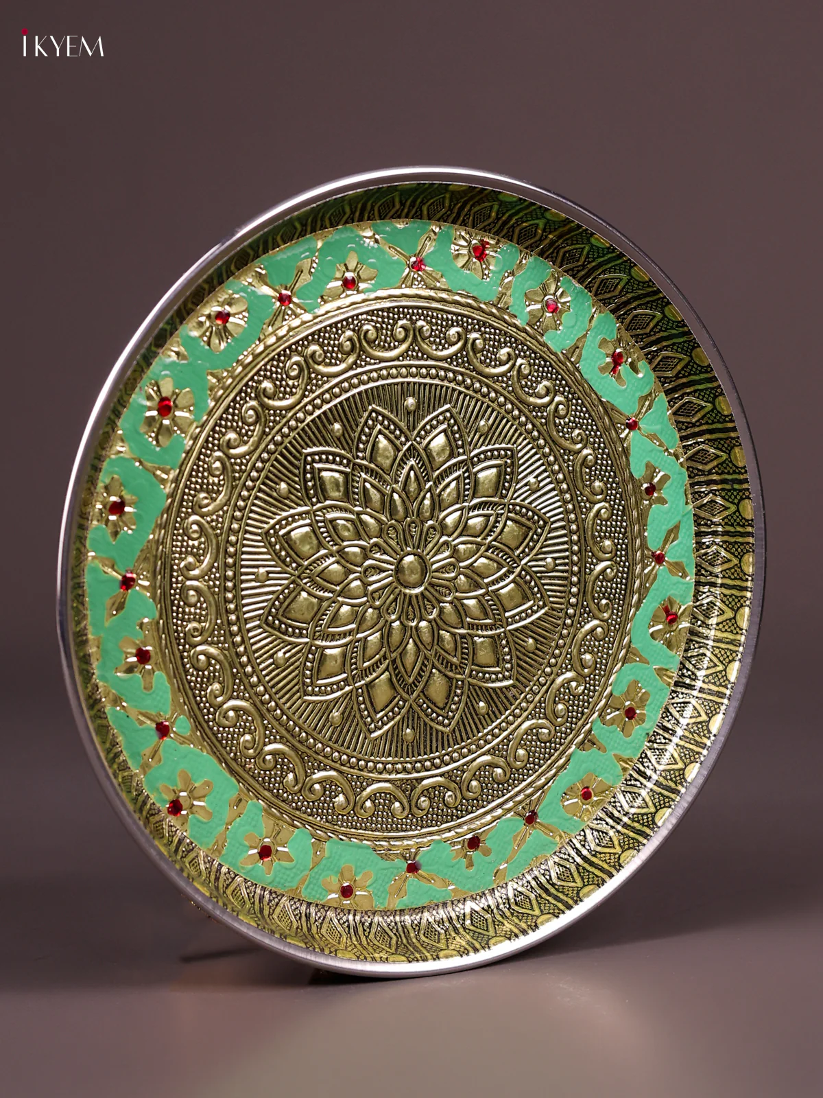 Green Meenakari Plate with Oxidized Flower Design 8 Inches-KEF03028 - Image 3