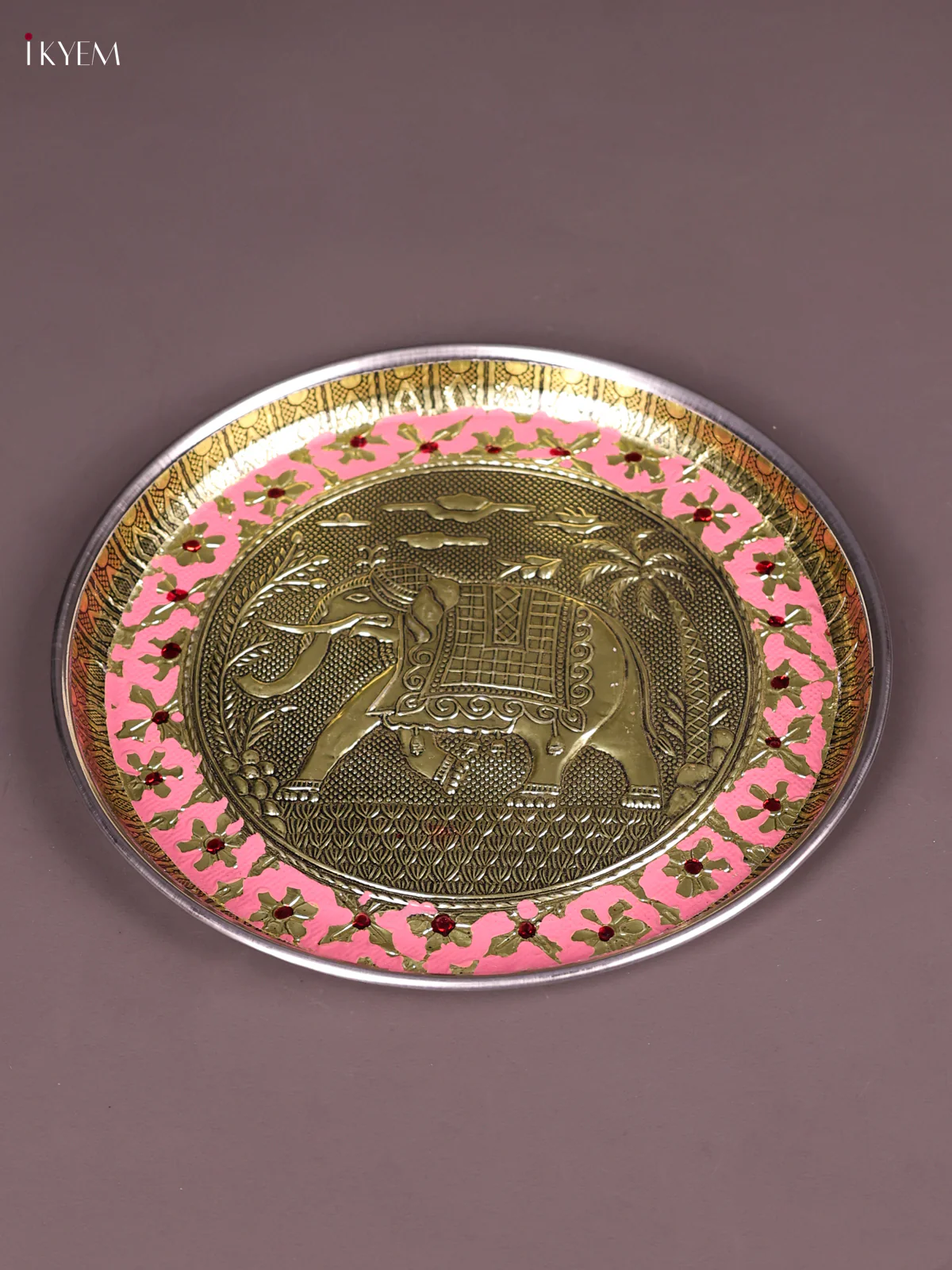 Pink Meenakari Plate with Oxidized Elephant Design 8 Inches-KEF03029