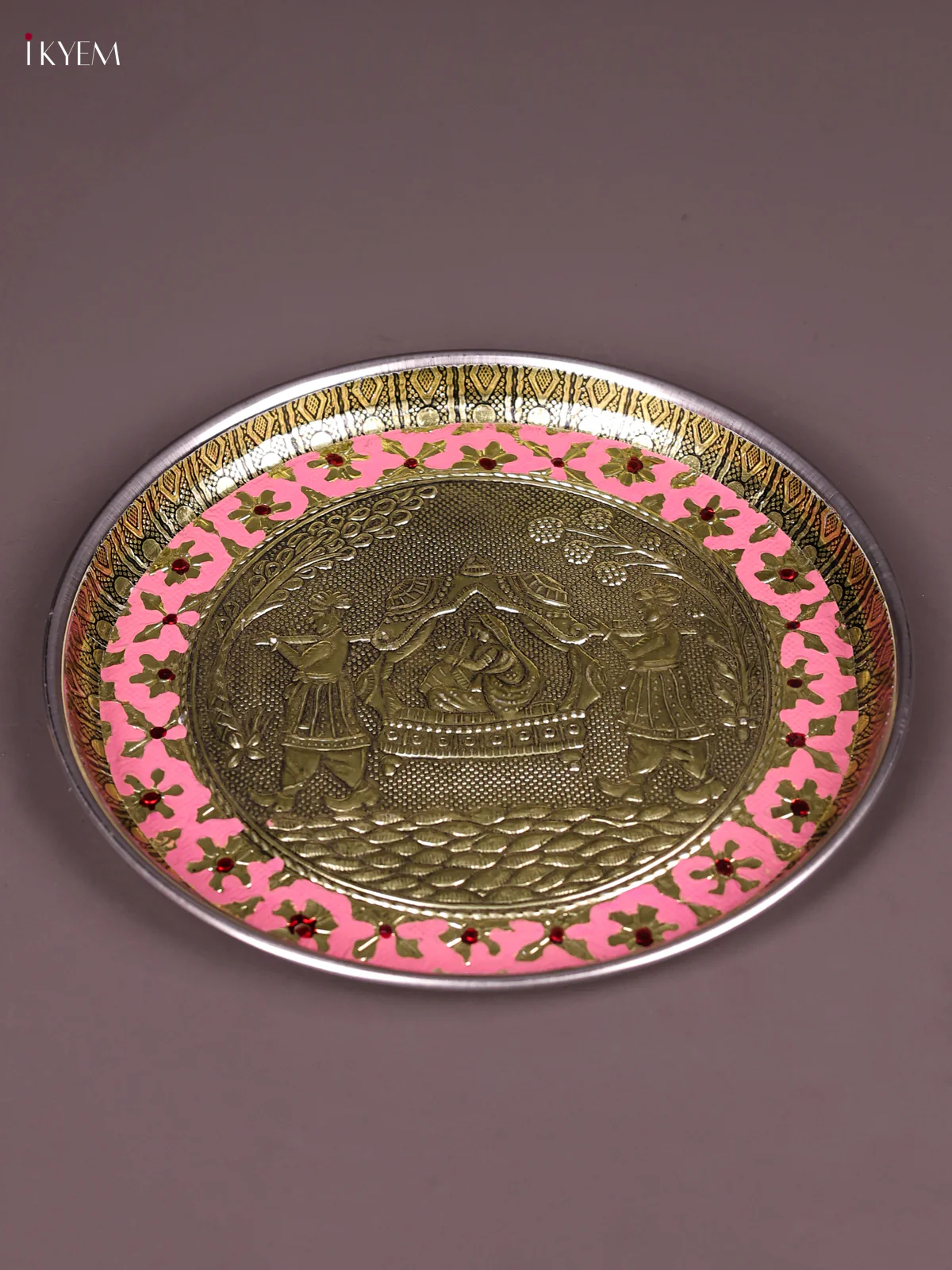 Pink Meenakari Plate with Oxidized Pallakku Design-8 Inches-KEF03030